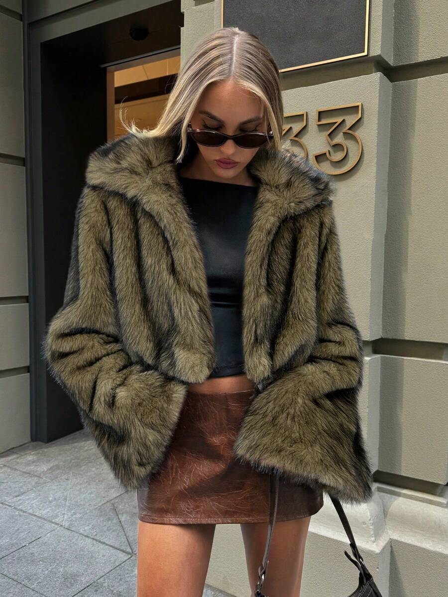 Aloruh 女式复古时尚前开仿毛领夹克，冬季外套 - 卡其色 - 查看 1