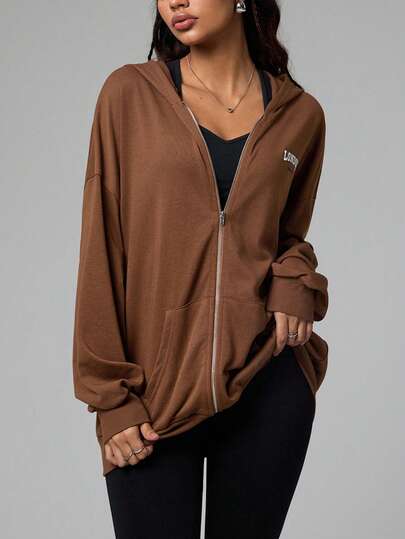 Dewbera Women's Oversized Hooded Zipper Graphic Print Long Jacket, Casual Sports Windbreaker For Daily Wear, Running Work Out Jacket Women Zip Up Workout Jacket Blouse Gym Gym Oversized Shirts Women Yoga Jacket Workout Zip Up Zip Up Hoodie Women Loose Gym Clothes Gym Clothes Women Oversized