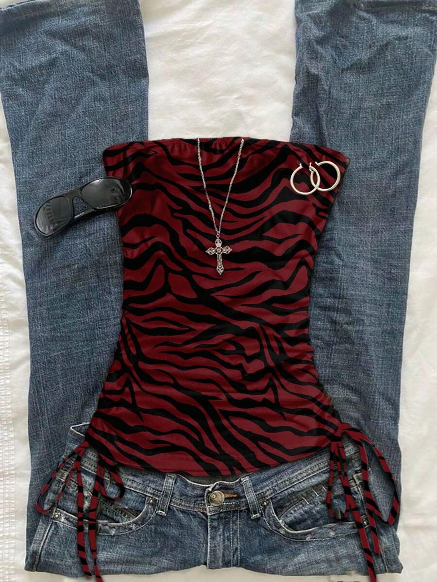 Attitoon Áo hai dây rút họa tiết ngựa vằn đơn giản dành cho nữ, kiểu dáng thời trang, phù hợp cho mùa xuân/hè - Màu Đỏ Sâu - Xem 1