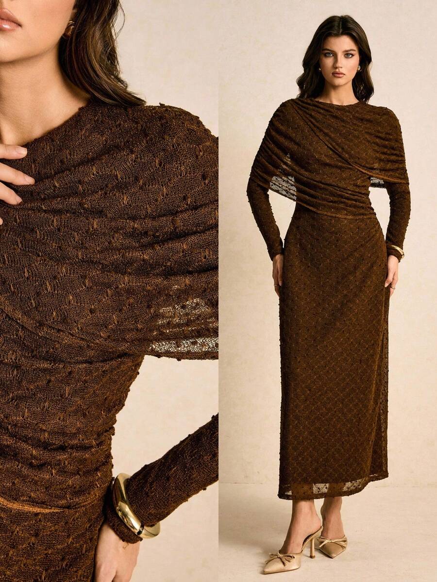 Poéselle 女士优雅纯色纹理连衣裙 - 棕色 - 查看 1