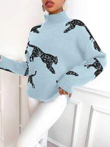 SHEIN Clasi Áo len cổ lọ tay dài họa tiết động vật dành cho nữ - Màu xanh nhạt - Xem 6