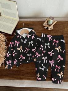 Cute Sweet Bow Print, Collegiate Style, French Retro Sweet, Young Girl Loose Sporty Comfortable Casual Minimalist Hoodie And Sweatpants 2 Pieces Set, Suitable For Autumn/Winter, Casual Campus Sports Style, Outdoor Picnic, Outings, Street Photography, Home, Campus - Multicolor - View 2