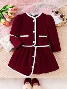 SHEIN Elladie kids 两件套少女时尚白色纽扣黑色长袖假口袋外套，搭配舒适的秋冬两合一半裙套装 - 酒紅色 - 查看 3