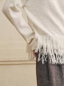 Cévolie Pull casual à franges pour femmes, couleur unie, polyvalent pour l'automne/l'hiver - Nude - Voir 4