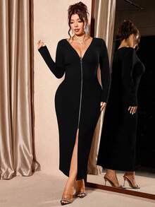 Cravure Váy dệt kim dài tay cổ chữ V có khóa kéo gợi cảm lấy cảm hứng từ Y2K dành cho nữ cỡ lớn cho mùa thu đông - Váy ôm sát, thanh lịch với viền xẻ tà - màu đen - Xem 4