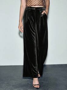 Lumivelle Elegant Casual Velvet Pants For Autumn Velvet Pants Women Christmas Pajamas Family Wide Leg Pant - Black - View 4