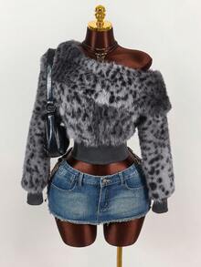 Amplova 秋冬女士时尚不对称领仿皮草豹纹夹克 - 灰色 - 查看 3