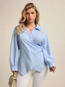 EMERY ROSE Damen Große Größen Gewebtes Kontrast Gestreiftes Regular Elegantes Langarm Tailliertes Hemd mit asymmetrischem Saum in Blau & Weiß, Herbst/Winter - Blau-Weiß - Übersicht 8