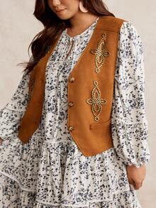 Nubod 大码女式无袖秋冬夹克，西部牛仔风格绒面革羊毛休闲外套，百搭大码背心 - 棕色 - 查看 1