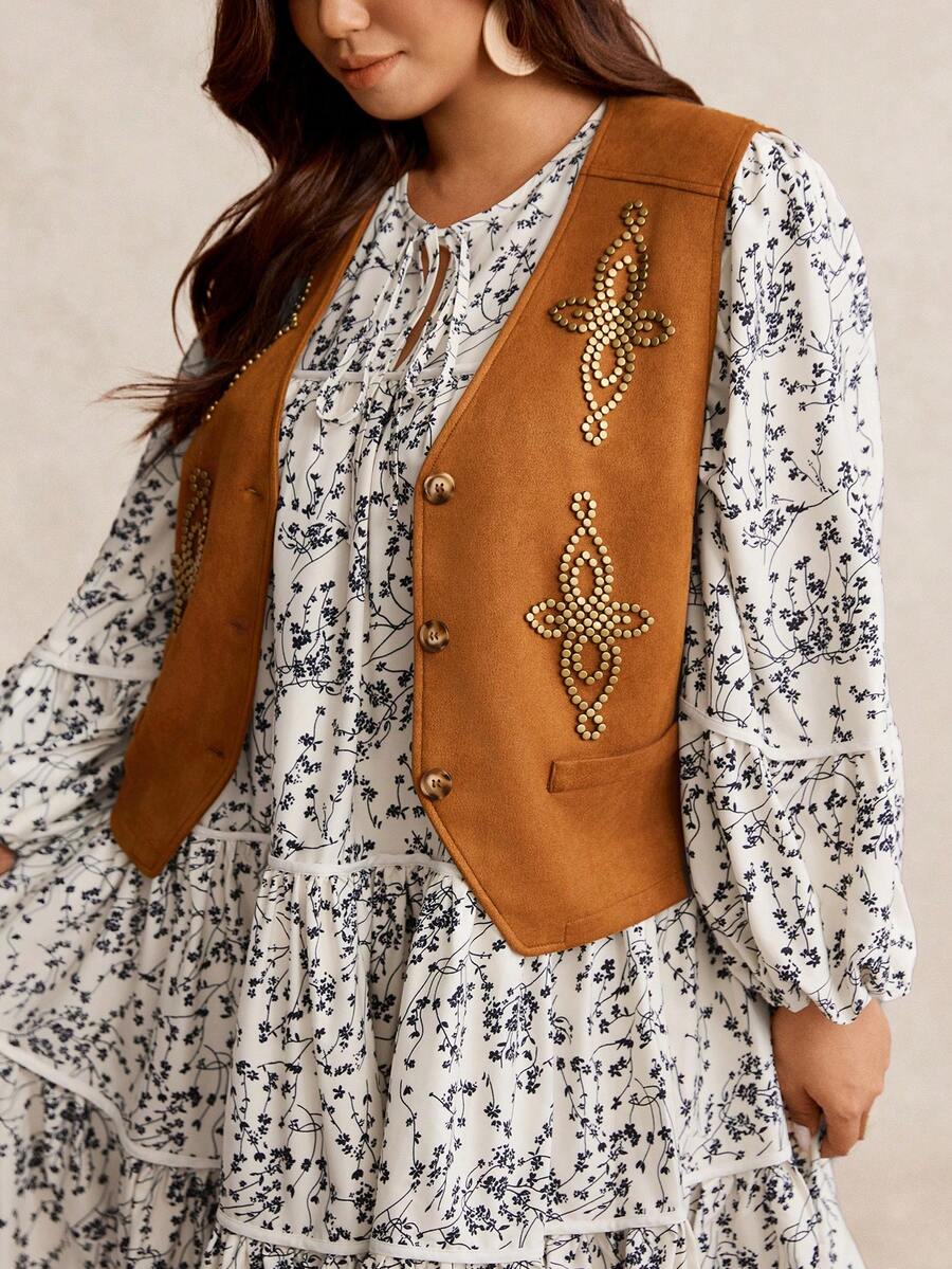 Nubod 大码女式无袖秋冬夹克，西部牛仔风格绒面革羊毛休闲外套，百搭大码背心 - 棕色 - 查看 1