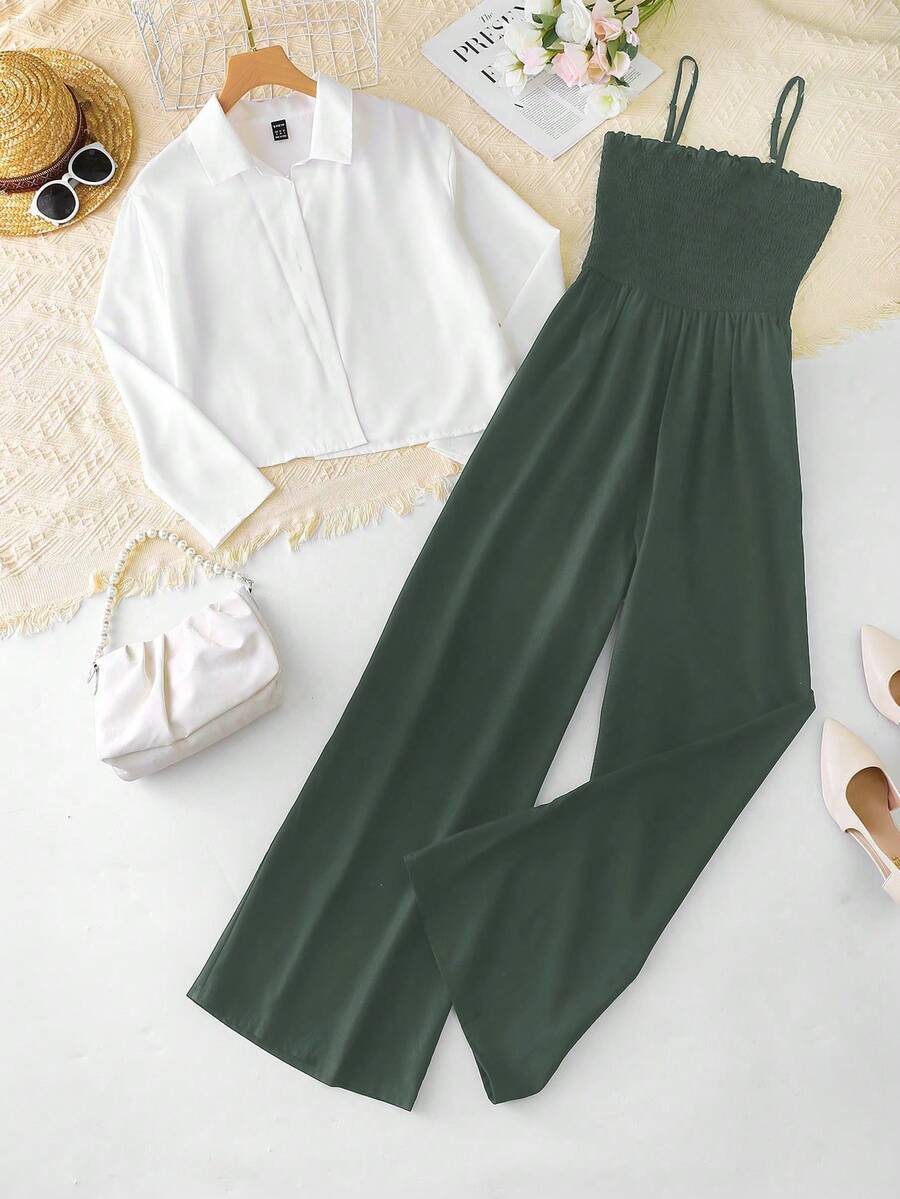 Franclia 2件套女士休闲白衬衫和黑色连体裤套装 - 墨綠色 - 查看 1