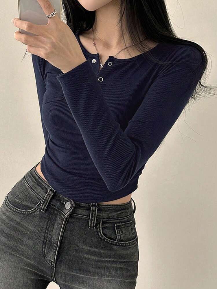 Solid Color Buttoned Half Placket Slim Fit Long Sleeve T-Shirt,Fall Clothes,Back To School Clothes