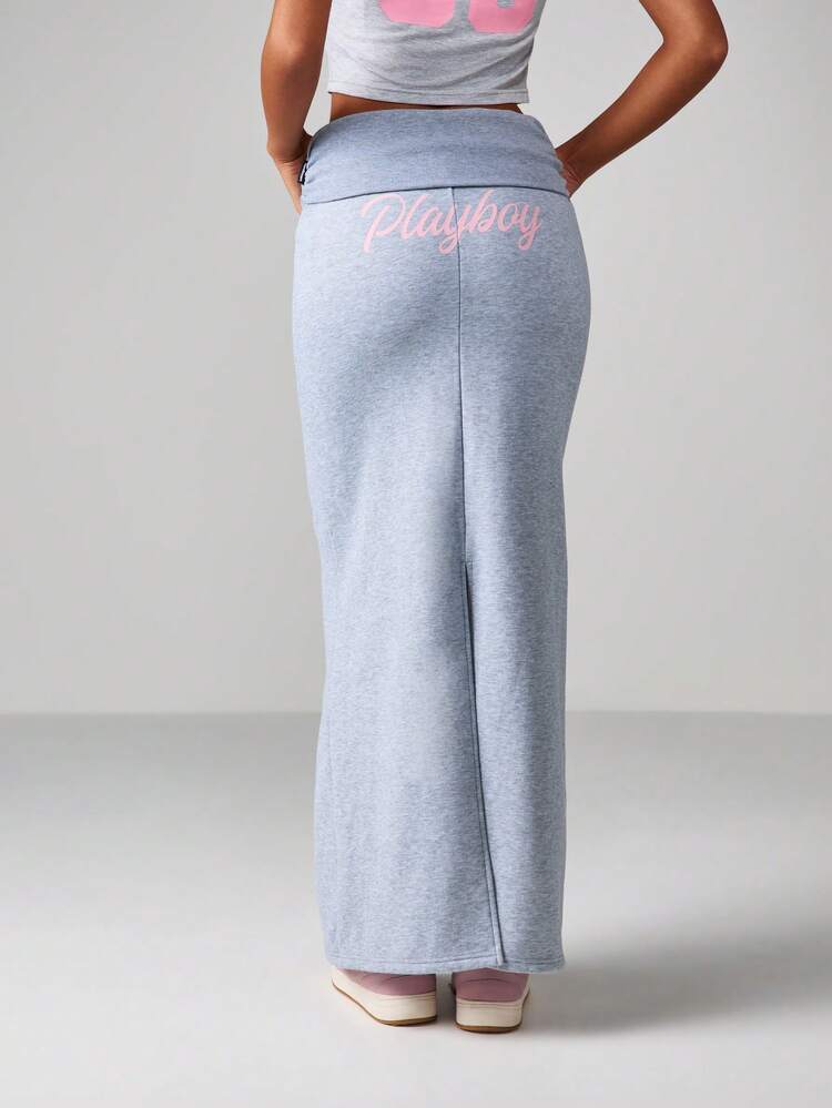 Missguided x Playboy Women Heather Grey Maxi Skirt With Fold Over Waistband And Pink Bunny Logo For Casual Loungewear