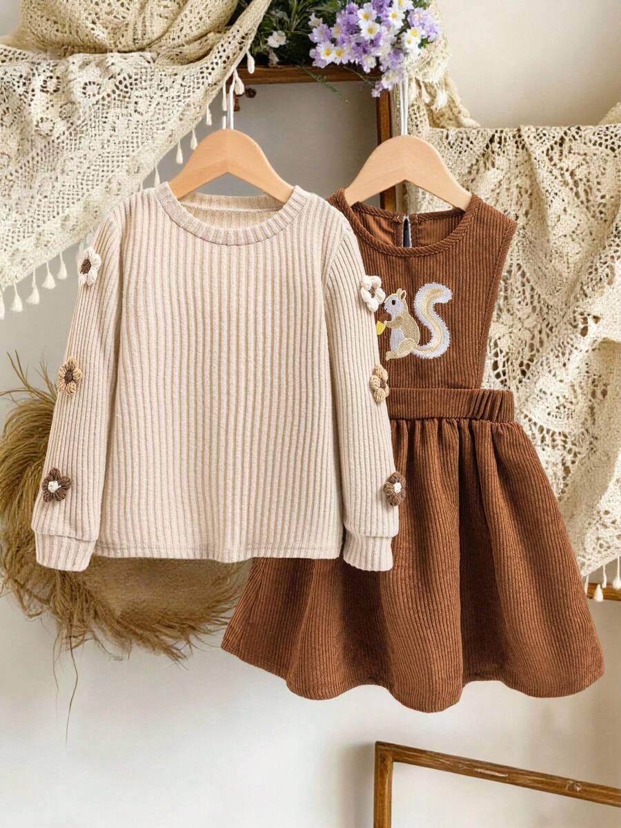 SHEIN 2件套年轻女孩圆领长袖罗纹休闲百搭上衣和连衣裙套装 - 彩色 - 查看 1