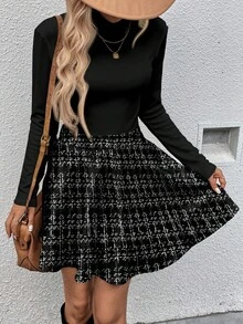 SHEIN LUNE 2pcs/Set Black Ribbed Turtleneck Long Sleeve Top + Plaid A-Line Midi Skirt, Fashionable Casual Outfit For Autumn/Winter