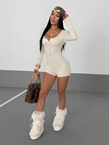 SHEIN PETITE 女式时尚纯色半拉链长袖休闲针织连体裤