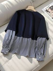 SHEIN Teen Girls' Casual Everyday Patchwork Striped & Floral Print Sweatshirt, Autumn