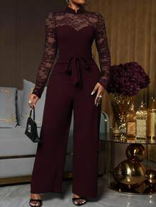 Lunelith SHEIN Lunessa Bộ đồ liền thân ren tương phản thanh lịch dành cho nữ - Màu Đỏ Sâu - Xem 5