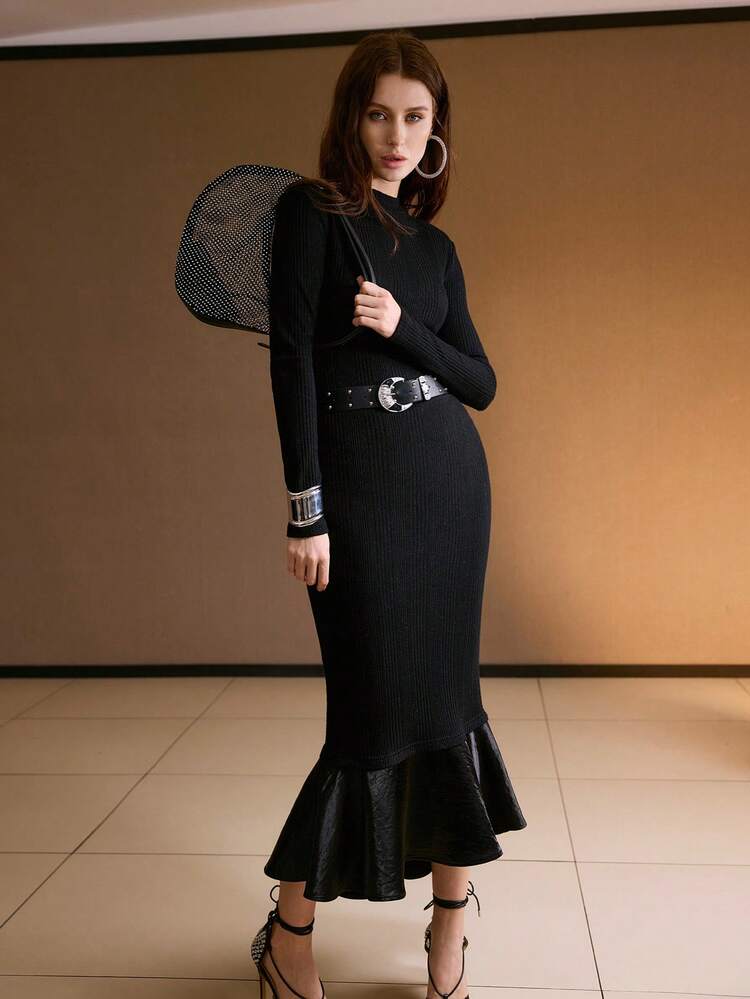 MERMAID HEM KNIT MOCK NECK DRESS, AUTUMN/WINTER