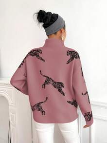 SHEIN Clasi Women's Leopard Jacquard Drop Shoulder Loose Fit Turtleneck Knit Sweater - Redwood - View 2