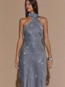 SHEIN BAE 纯银闪光女式派对礼服，秋冬款，露背垂坠领修身优雅长款美人鱼裙，适合约会、音乐节、生日、早午餐、婚礼、派对、万圣节、圣诞节 - 銀色 - 查看 6