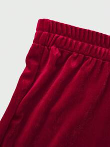 Women's Solid Color Off Shoulder Long Sleeve Fashionable Top And Flared Velvet Pants Set - Burgundy - View 5