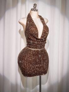SHEIN ICON Váy ngắn bodycon lấp lánh kim sa cỡ lớn, váy dự tiệc lấp lánh - Màu Đỏ Sâu - Xem 4