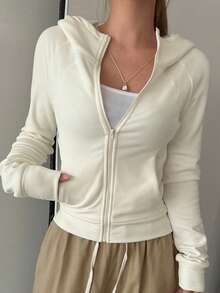 DAZY Women Solid Color Hoodie Jacket With Pockets, Long Sleeve,Long Sleeve Tops,Fall Clothes Sweatshirt Jacket Zip Up - White - View 5