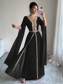 Rafferiza Đầm maxi màu đỏ cổ chữ V ren vàng bồng bềnh, tay dài, dáng chữ A, thiết kế thanh lịch, sang trọng, dành cho nữ, mùa xuân/hè - màu đen - Xem 1