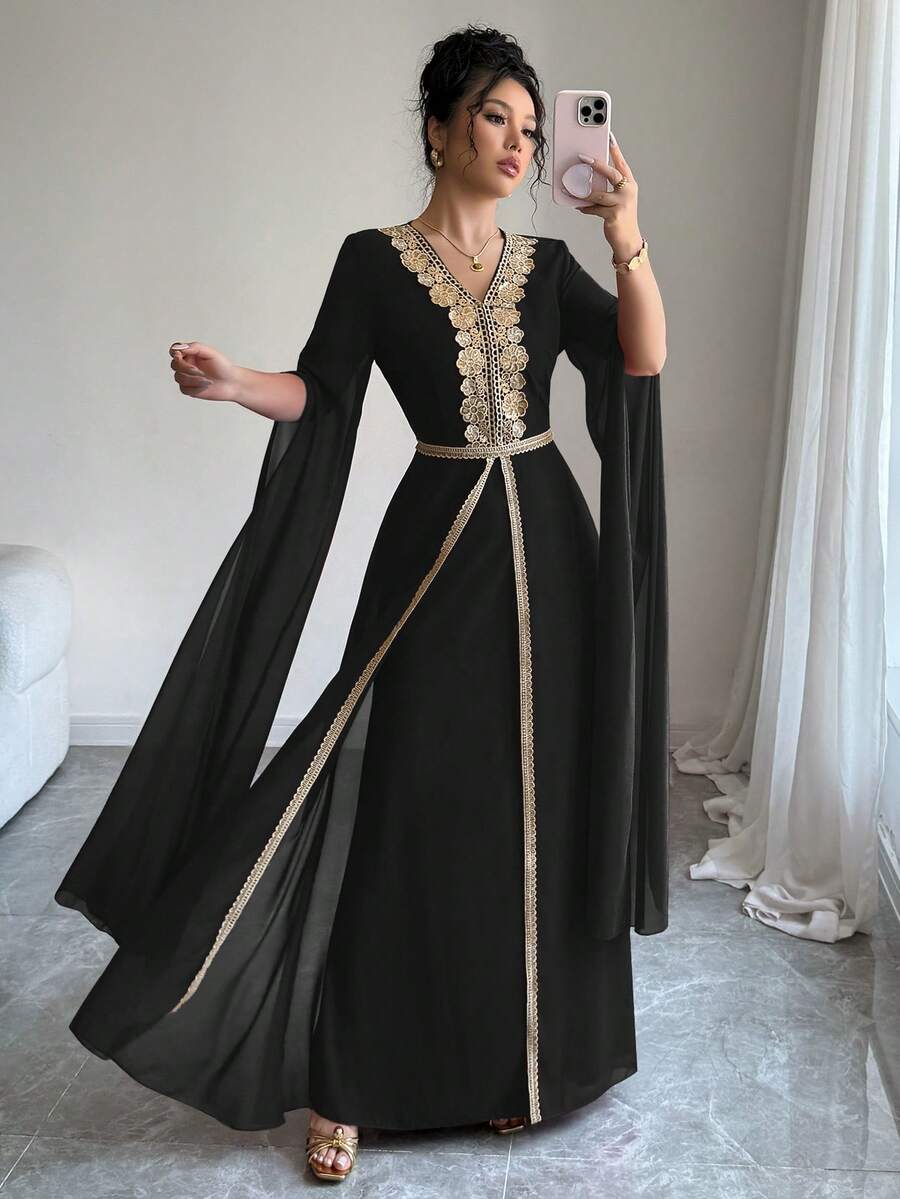 Rafferiza Đầm maxi màu đỏ cổ chữ V ren vàng bồng bềnh, tay dài, dáng chữ A, thiết kế thanh lịch, sang trọng, dành cho nữ, mùa xuân/hè - màu đen - Xem 1