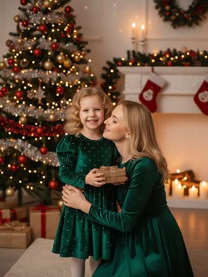 SHEIN Tween Girl Elegant & Beautiful Pearl Velvet Puff Sleeve Dress