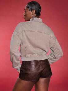 Normani Washed Zip Through Jacket Sweatshirt Tracksuit Seam Detail Back To School Autumn Winter Cosy Fall Christmas Cute Casual Everyday Capsule Wardrobe Y2K Streetwear - Brown - View 3