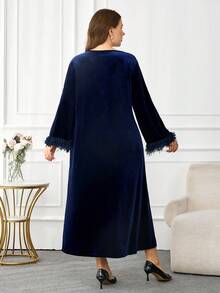 Modelyn Plus Size Women's Solid Color Round Neck Long Sleeve Furry Patchwork Loose Elegant Dress - Royal Blue - View 2