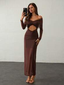 Aloruh 1 pieza Vestido marrón para mujer con hombros descubiertos, calado y fruncido - Café - Ver 6