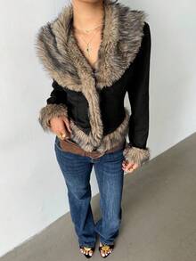 Aloruh 女士秋冬绒面抓绒外套，黑色波西米亚性感外衣，拼接人造毛皮大衣 - 黑色 - 查看 7