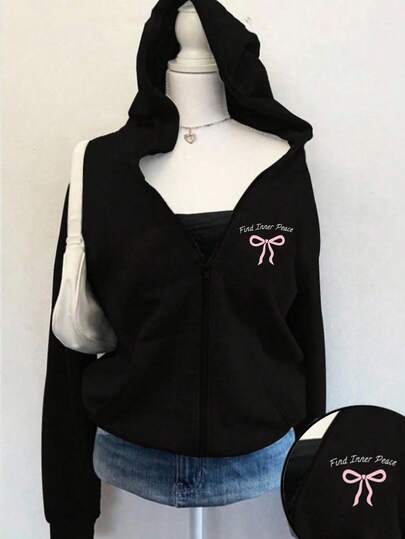 少女休闲时尚简约可爱蝴蝶结字母印花拉链卫衣外套，适合户外运动，舒适连帽卫衣