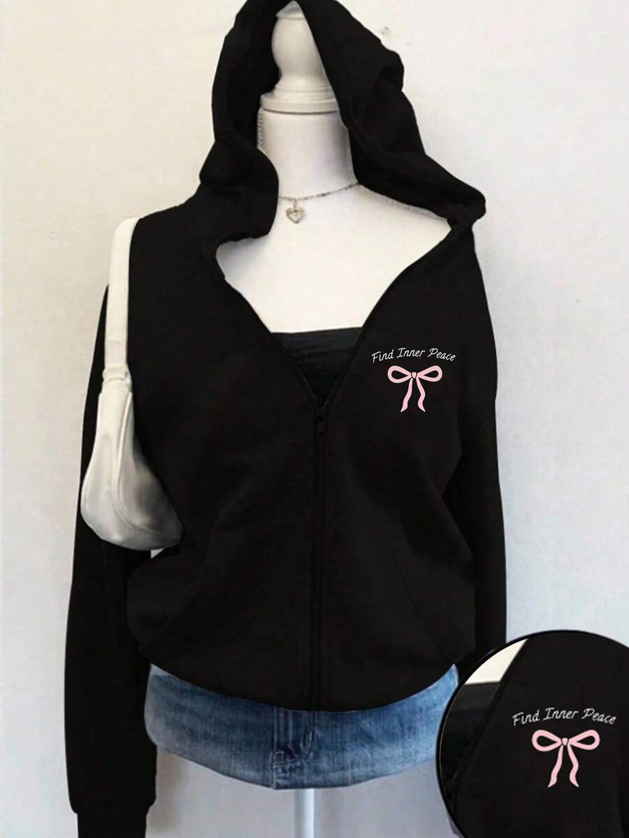 少女休闲时尚简约可爱蝴蝶结字母印花拉链卫衣外套,适合户外运动,舒适连帽卫衣 - 黑色 - 查看 1