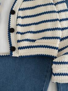 Genkimix Kids 2 件套幼儿女童秋季新款服装，条纹毛绒针织黑白超大开衫夹克，休闲直筒蓝色牛仔裤，时尚简约儿童套装 - 彩色 - 查看 6