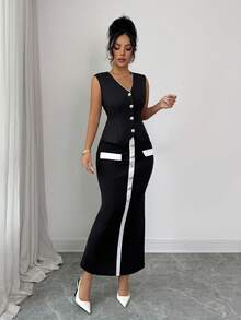 Rafferiza 女式撞色镶边V领无袖修身西装套装 - 黑與白 - 查看 4