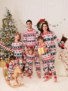 SHEIN 青少年女孩休闲时尚百搭针织圆领可爱卡通印花 T 恤和格子紧身裤睡衣套装，圣诞节搭配家庭家居服 - 彩色 - 查看 8