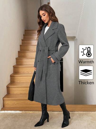 Easowa Women's Casual & Commute Solid Color Lapel Collar Double-Breasted Belted Long Overcoat, Autumn/Winter