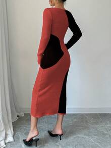 Elenzga 女士优雅撞色修身毛衣裙，秋冬 - 紅色 - 查看 2