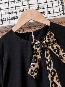 SHEIN Tween Girls Casual Minimalist Round Neck Short Sleeve Bow & Leopard Print Patchwork Long Comfortable Dress - Black - View 8