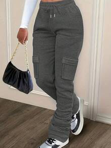 INAWLY 女士纯色性感抽绳休闲运动裤 - 深灰色 - 查看 3