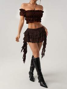 SHEIN ICON Low Waist Vacation Style Casual Sexy White Lace Ruffle Hem Mini Skirt With Safety Shorts To Prevent Upskirt - Brown - View 5