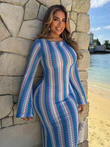 Maria Perezxox 纹理条纹针织喇叭长裙春夏度假波西米亚风伊比沙岛优雅海滩可爱海滩别墅节日圣诞节、万圣节、秋季、冬季 - 藍色 - 查看 4