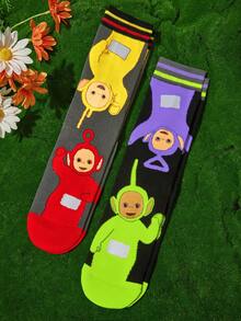 Teletubbies X SHEIN 2Pairs Soft & Breathable Moisture-Wicking Casual Men Mid-Calf Socks With Cartoon Pattern Fashionable Cute Grey & Black Crew Socks Reinforced Toe & Heel For Durability Unisex Women All Season All-Match Summer Winter