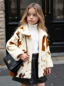 Elladie kids 1 件年轻女孩冬季人造皮草大衣，蓬松奶牛图案复古优雅奢华百搭保暖外套 - 彩色 - 查看 1