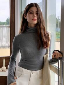 Dazy Kids Camiseta de punto de cuello alto de unicolor de manga larga, casual y versátil para adolescentes