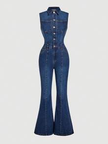 Sweetra Elegant & Fashionable Women Casual Denim Bib Pants And Jumpsuit - Blue - View 1